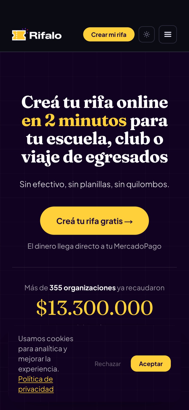 Página principal de Rifalo en mobile con el botón Crear mi rifa gratis destacado