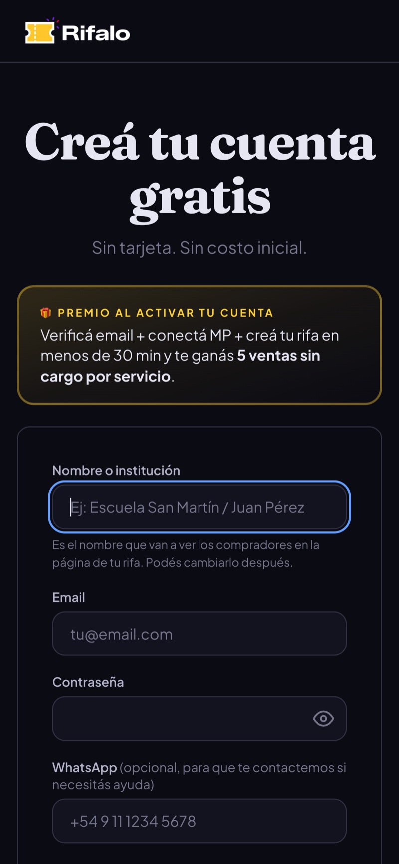 Formulario de registro de Rifalo vacío con campos nombre, email, contraseña y WhatsApp opcional