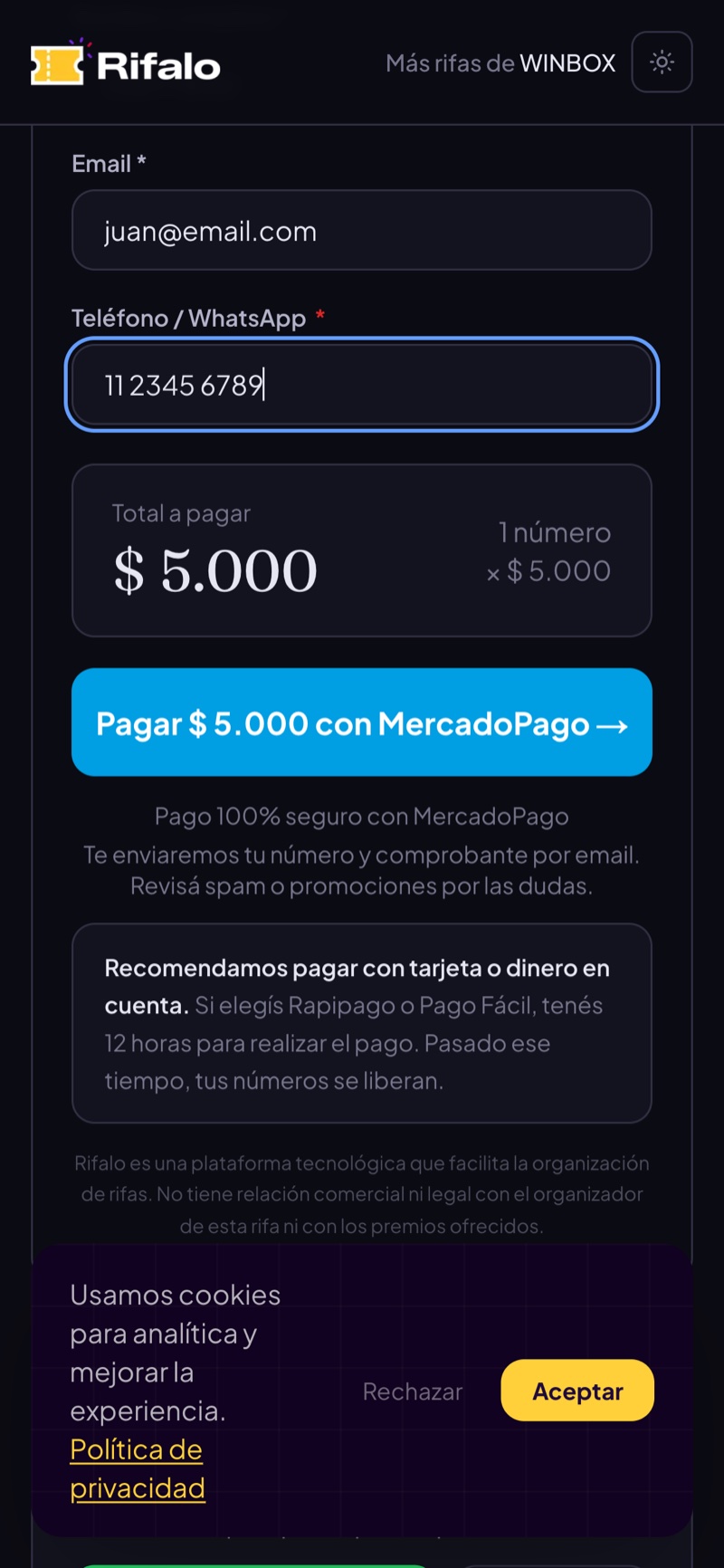Checkout de Rifalo con el número 7 seleccionado y formulario de comprador completo