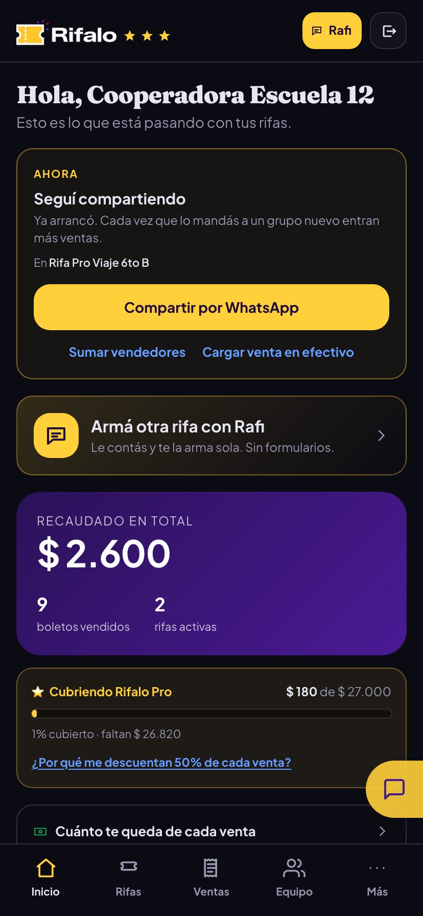 Barra de Rifalo Pro en el panel mostrando cuánto falta cubrir