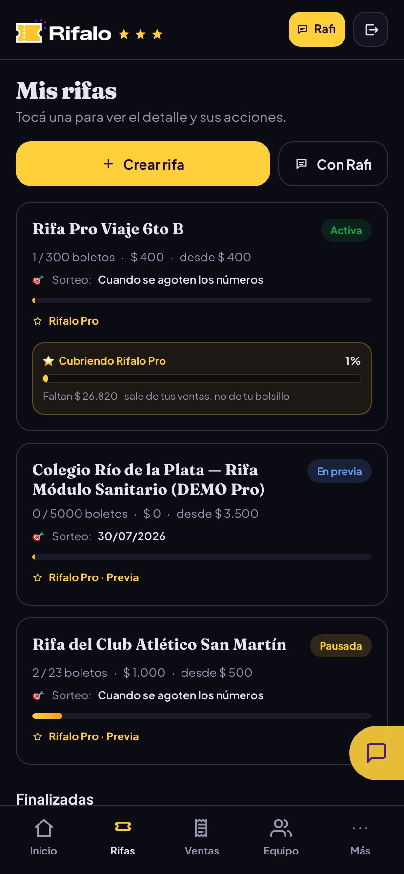 Listado Mis rifas en el panel de Rifalo