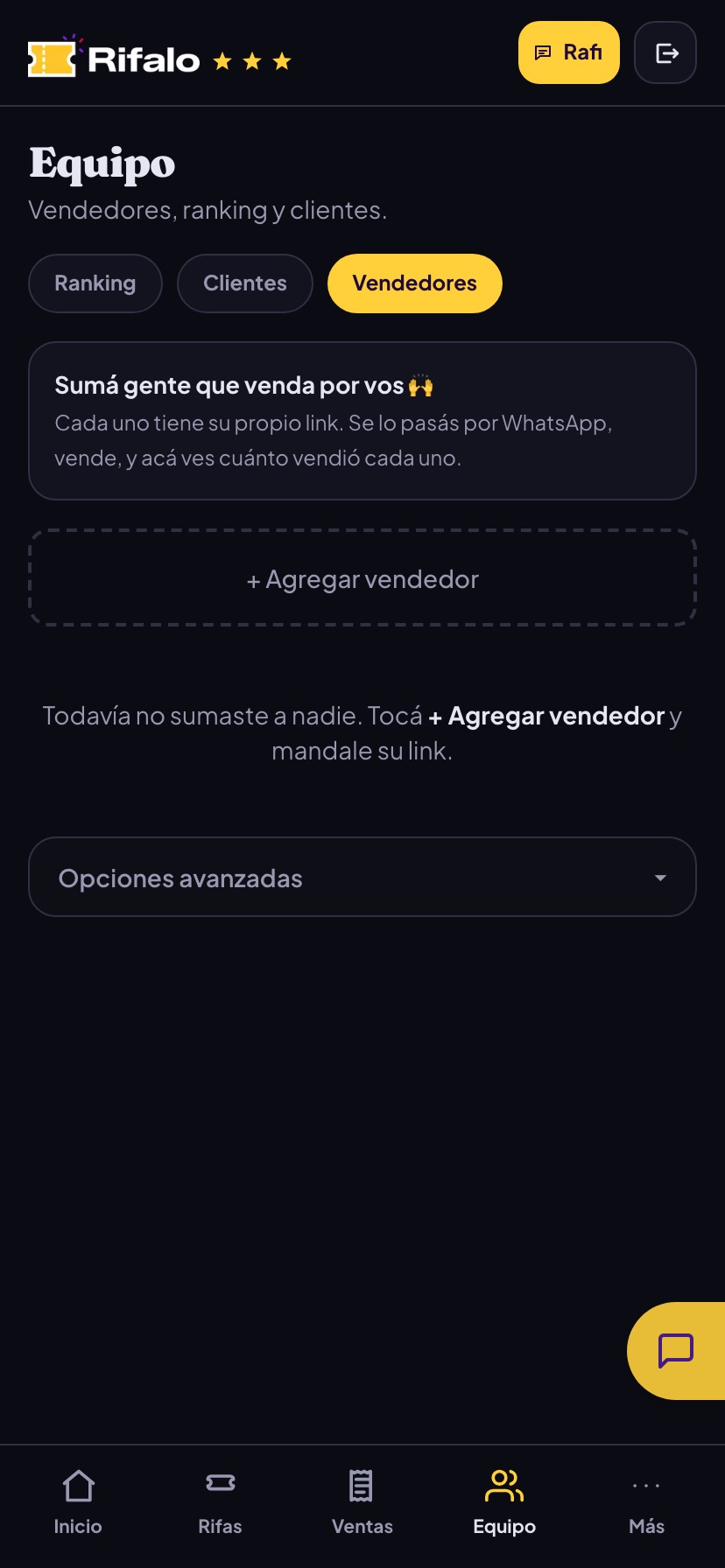 Pantalla Equipo del panel con el botón Agregar vendedor
