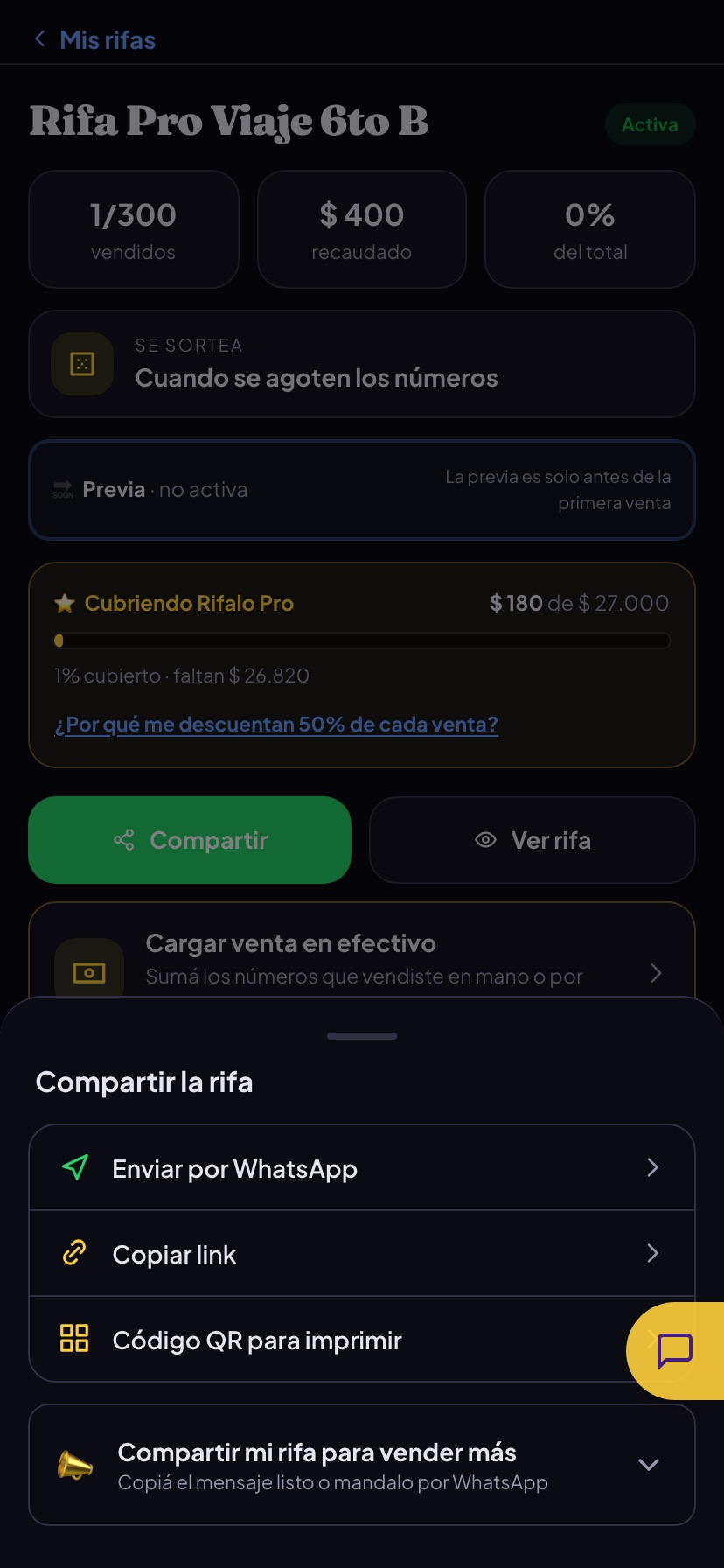 Menú de compartir del panel de Rifalo con WhatsApp, copiar link y código QR